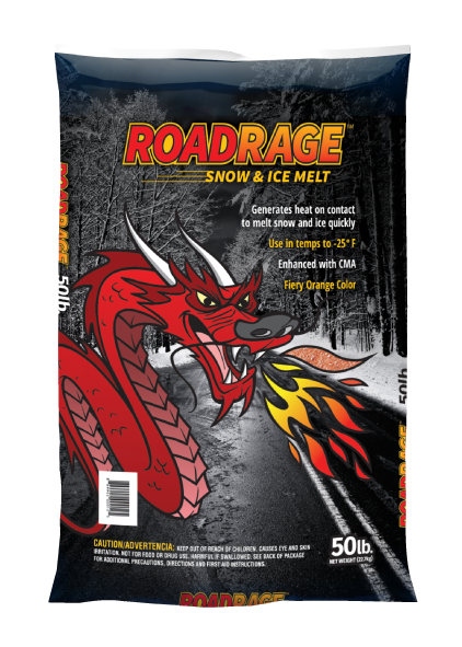 Bag of ice melt featuring a cartoon dragon breathing fire on a road
